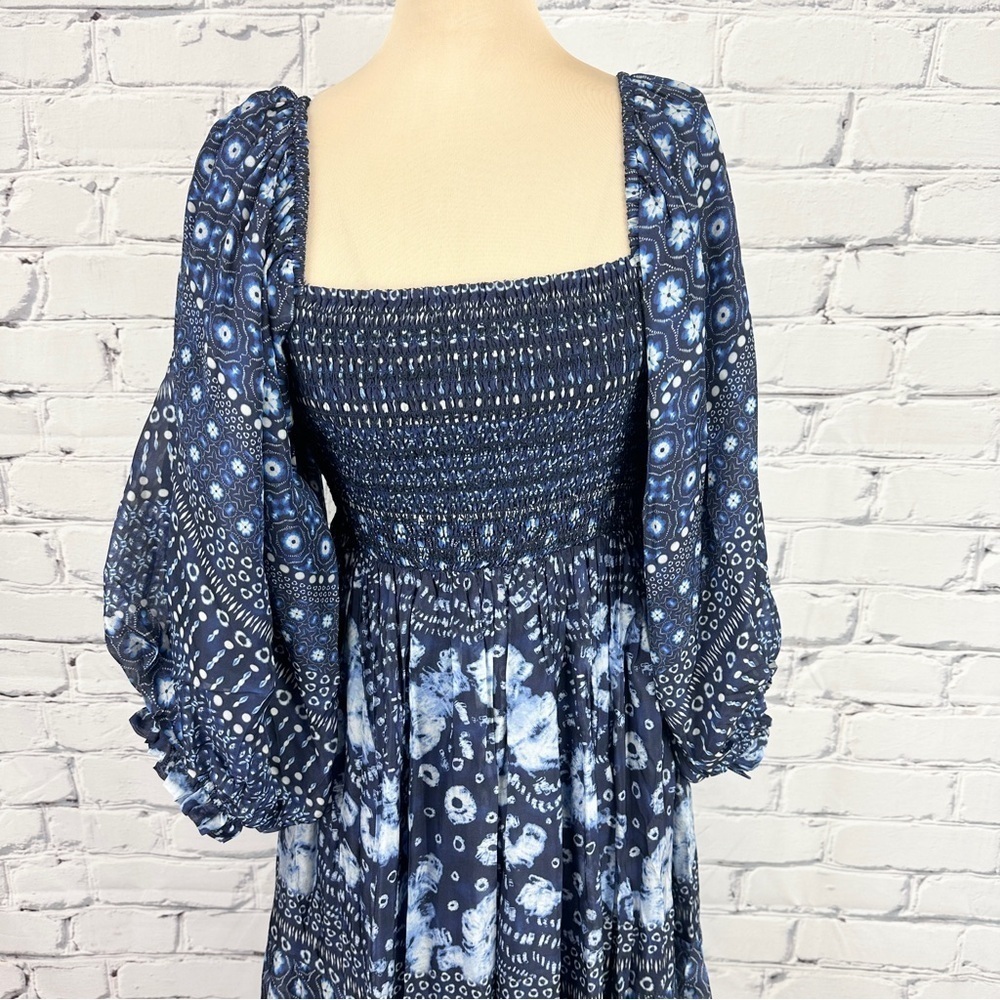 Hale Bob Ilona Silk Chiffon Maxi Dress Floral Small Navy Smocked Puff Sleeve - Picture 5 of 16